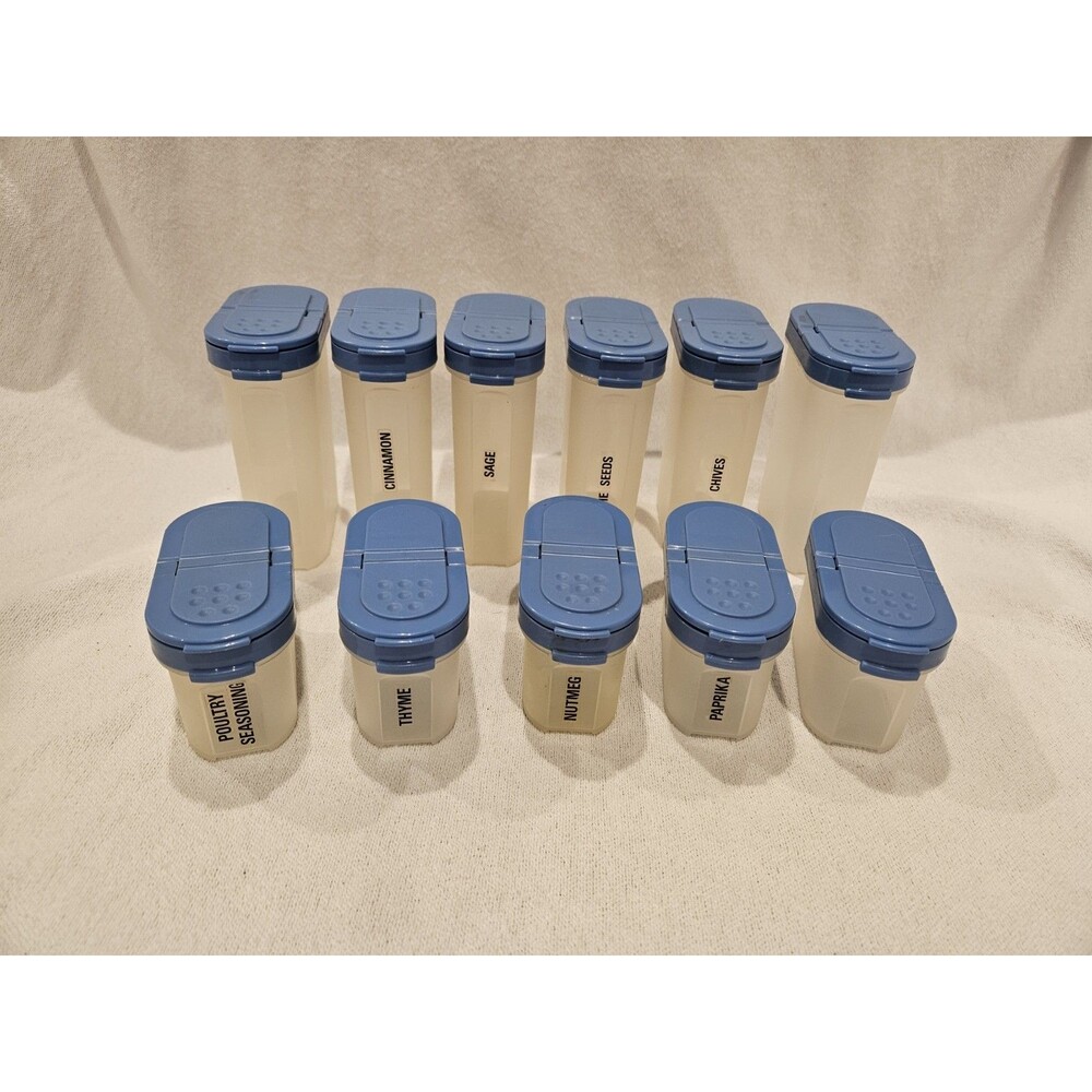 Vintage 11 pc Tupperware 1843 & 1846 Spice Shaker Craft Container Mates Blue Lid